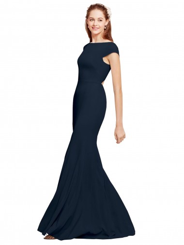 Affordable A-Line Boat Neck Stretch Crepe Long Dark Navy Formal Evening Dress Canada