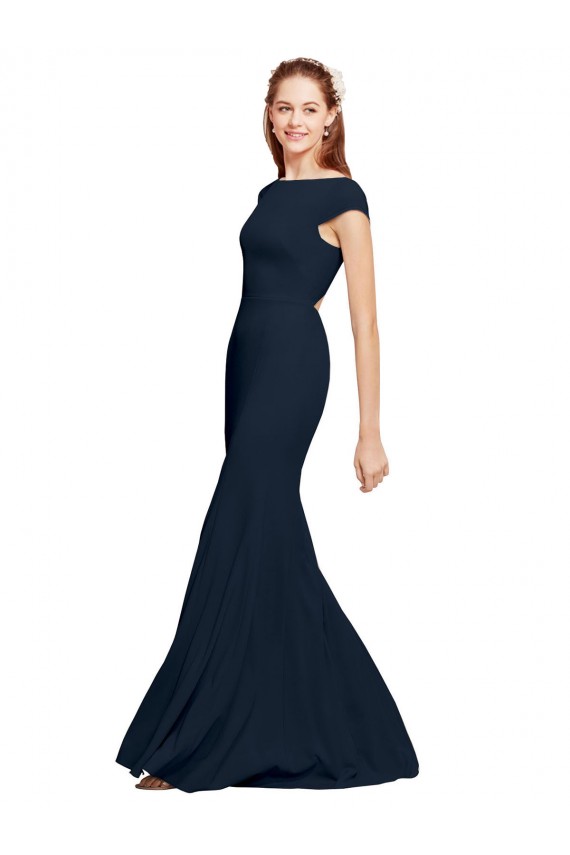 Affordable A-Line Boat Neck Stretch Crepe Long Dark Navy Formal Evening Dress Canada