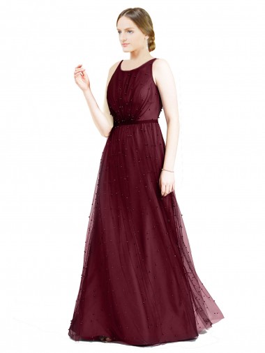 Affordable A-Line Boat Neck Tulle Long Burgundy Semi Formal Evening Dress Canada