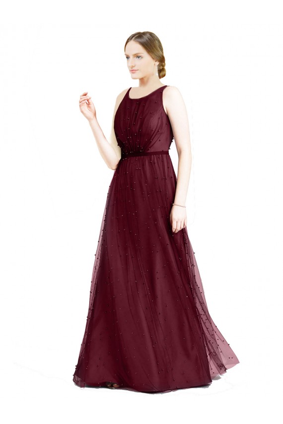 Affordable A-Line Boat Neck Tulle Long Burgundy Semi Formal Evening Dress Canada