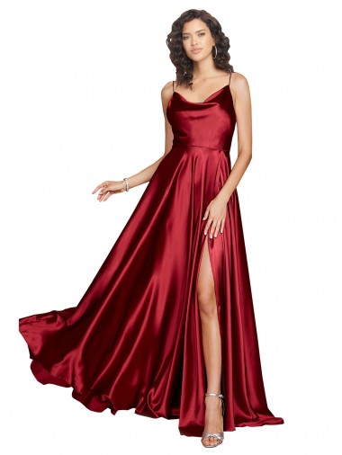 Affordable A-Line Cowl Neck Silky Satin Long Burgundy Black Tie Evening Dress Canada