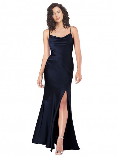 Affordable A-Line Cowl Neck Silky Satin Long Dark Navy Black Tie Evening Dress Canada