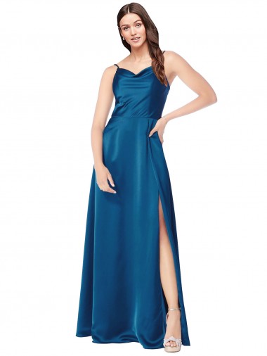 Affordable A-Line Cowl Neck Silky Satin Long Peacock Blue Formal Evening Dress Canada