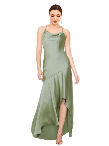 Affordable A-Line Cowl Neck Silky Satin Long Smoke Green High Low Evening Dress Canada