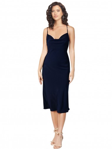 Affordable A-Line Cowl Neck Silky Satin Midi Length Dark Navy Formal Evening Dress Canada