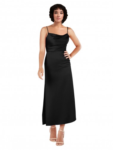 Affordable A-Line Cowl Neck Silky Satin Tea Length Black Formal Evening Dress Canada