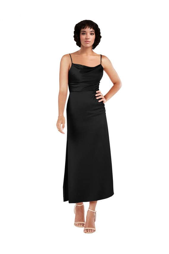 Affordable A-Line Cowl Neck Silky Satin Tea Length Black Formal Evening Dress Canada