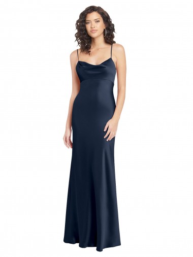 Affordable A-Line Cowl Neck Stretch Satin Long Dark Navy Black Tie Evening Dress Canada