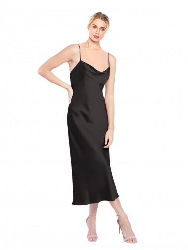 Affordable A-Line Cowl Neck Stretch Satin Midi Length Black Formal Evening Dress Canada