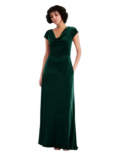 Affordable A-Line Cowl Neck Stretch Velvet Long Dark Green Black Tie Evening Dress Canada