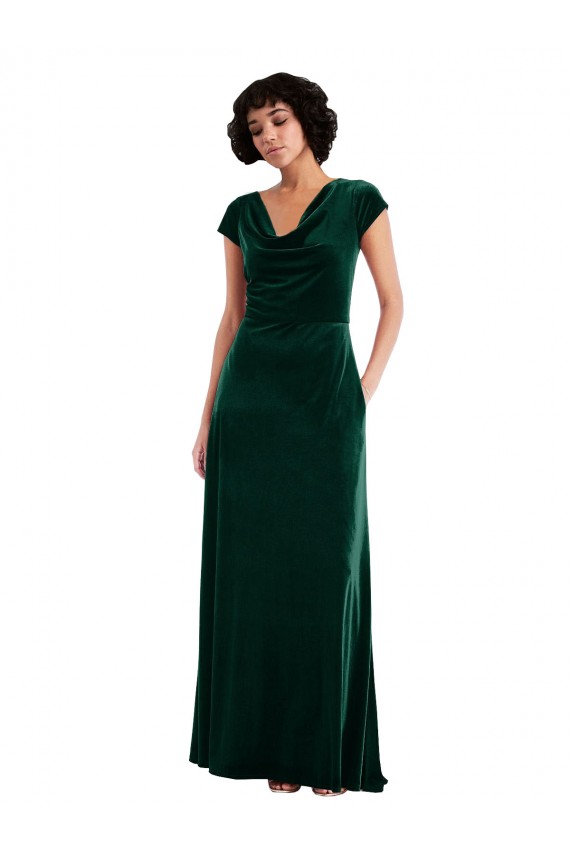 Affordable A-Line Cowl Neck Stretch Velvet Long Dark Green Black Tie Evening Dress Canada