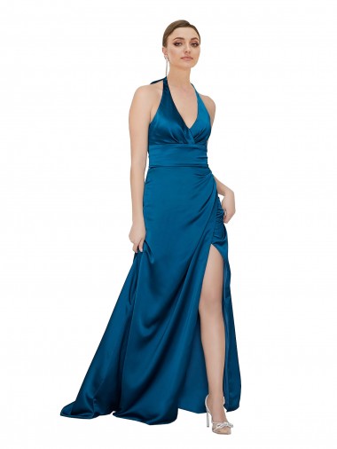Affordable A-Line Halter Neck Silky Satin Long Peacock Blue Formal Evening Dress Canada