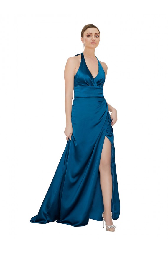 Affordable A-Line Halter Neck Silky Satin Long Peacock Blue Formal Evening Dress Canada