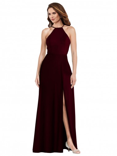 Affordable A-Line Halter Neck Soft Chiffon Long Burgundy Gold Semi Formal Evening Dress Canada