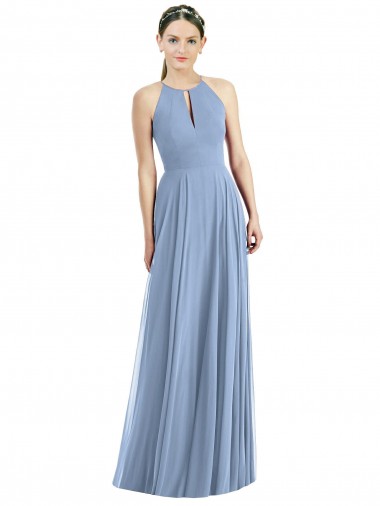 Affordable A-Line Halter Neck Soft Chiffon Long Dusty Blue Semi Formal Evening Dress Canada