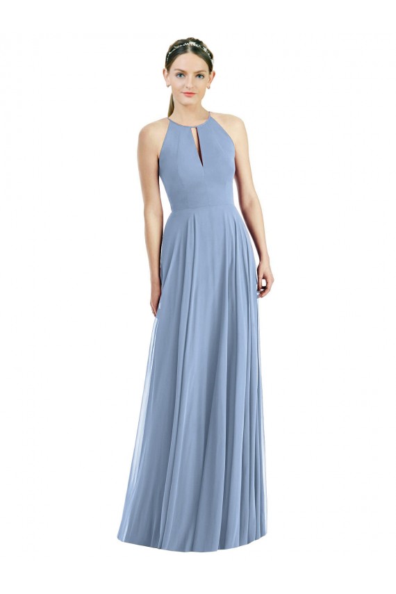 Affordable A-Line Halter Neck Soft Chiffon Long Dusty Blue Semi Formal Evening Dress Canada