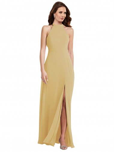 Affordable A-Line Halter Neck Soft Chiffon Long Gold Semi Formal Evening Dress Canada