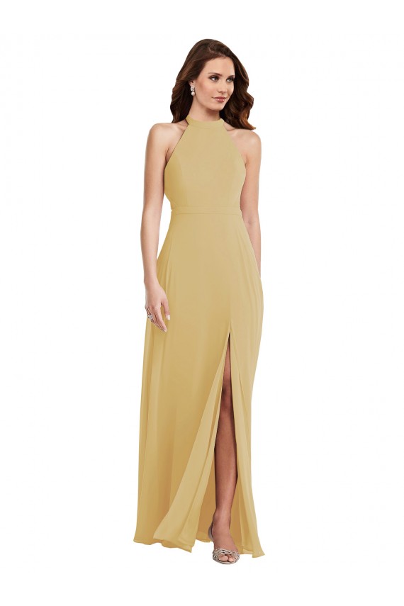 Affordable A-Line Halter Neck Soft Chiffon Long Gold Semi Formal Evening Dress Canada