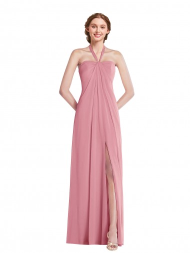 Affordable A-Line Halter Neck Soft Chiffon Long Skin Pink Semi Formal Evening Dress Canada