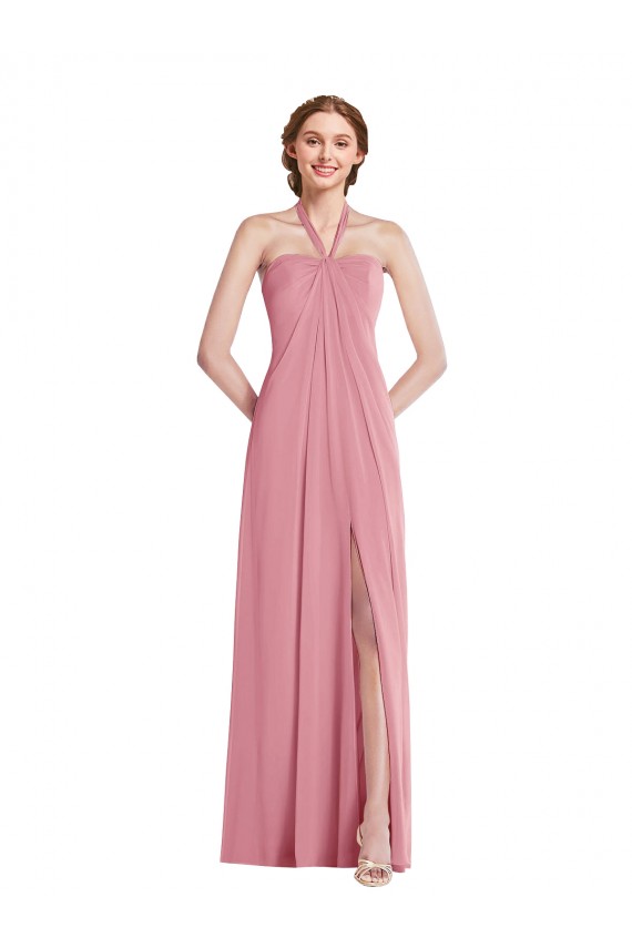 Affordable A-Line Halter Neck Soft Chiffon Long Skin Pink Semi Formal Evening Dress Canada