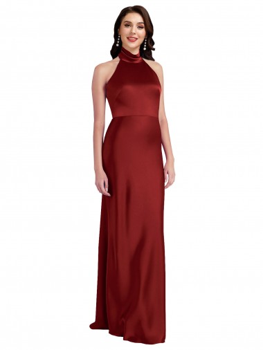 Affordable A-Line Halter Neck Stretch Satin Long Burgundy Black Tie Evening Dress Canada