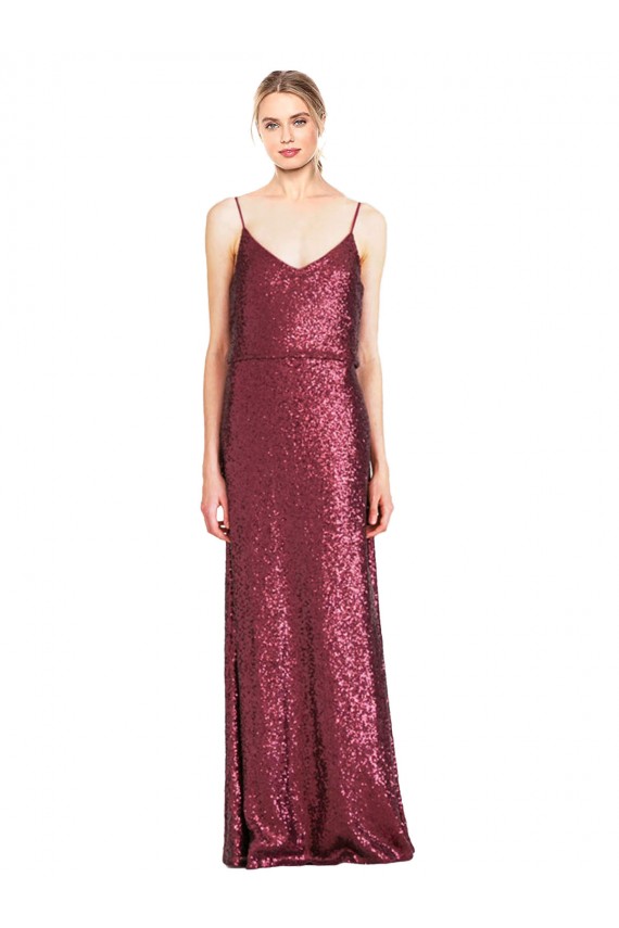 Affordable A-Line High Neck Sequin Long Burgundy Formal Evening Dress Canada