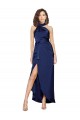 Affordable A-Line High Neck Silky Satin Long Sapphire High Low Evening Dress Canada