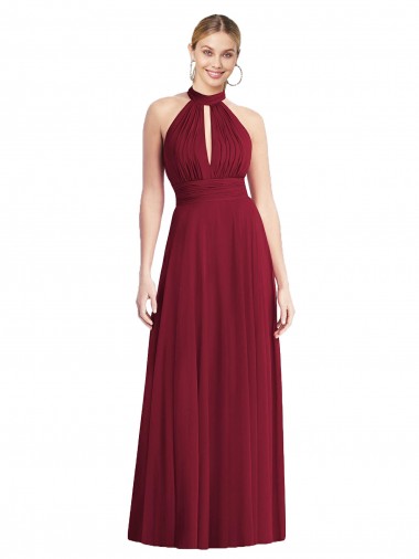 Affordable A-Line High Neck Soft Chiffon Long Burgundy Semi Formal Evening Dress Canada