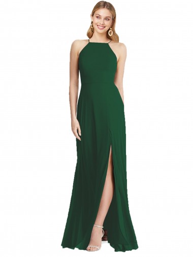 Affordable A-Line High Neck Soft Chiffon Long Dark Green Semi Formal Evening Dress Canada