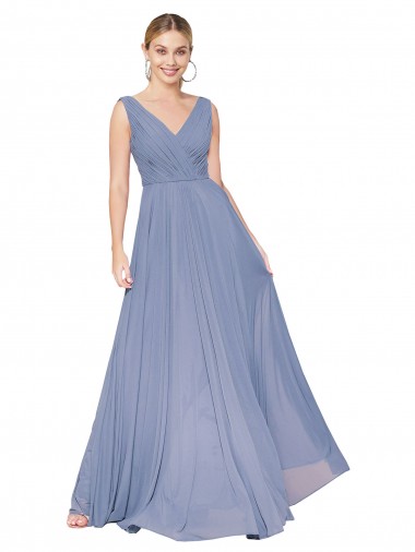 Affordable A-Line High Neck Soft Chiffon Long Dusty Blue Formal Evening Dress Canada