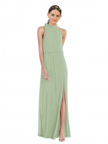 Affordable A-Line High Neck Soft Chiffon Long Smoke Green Semi Formal Evening Dress Canada
