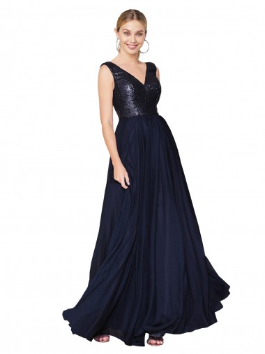 Affordable A-Line High Neck Soft Chiffon & Sequin Long Dark Navy Semi Formal Evening Dress Canada