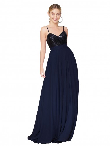 Affordable A-Line High Neck Soft Chiffon & Sequin Long Dark Navy Semi Formal Evening Gown Canada