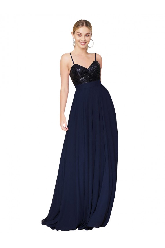 Affordable A-Line High Neck Soft Chiffon & Sequin Long Dark Navy Semi Formal Evening Gown Canada