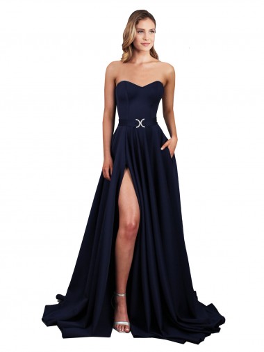 Affordable A-Line High Neck Stretch Crepe Long Dark Navy Formal Dress Canada