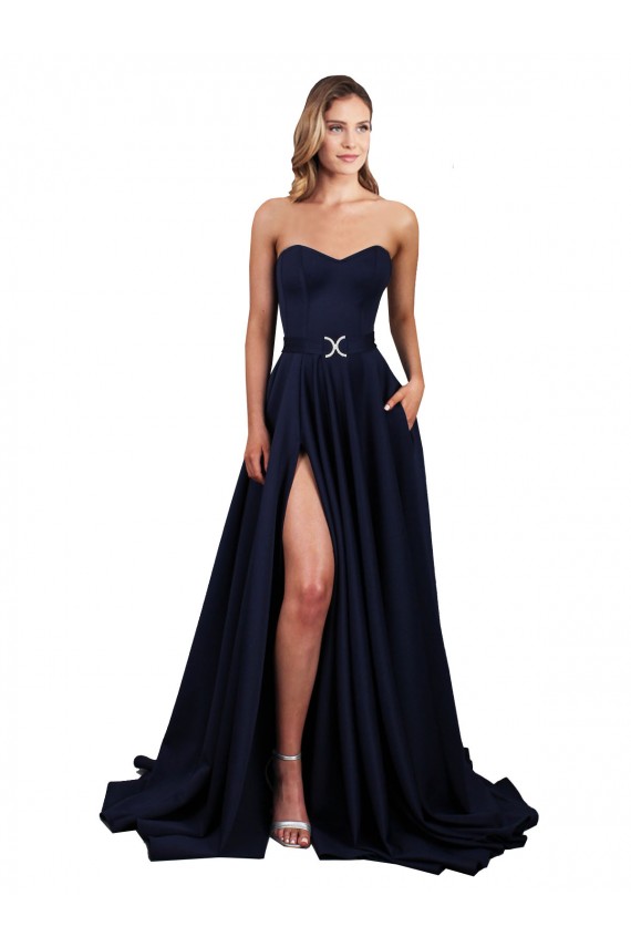 Affordable A-Line High Neck Stretch Crepe Long Dark Navy Formal Dress Canada