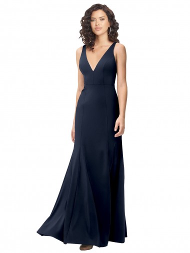Affordable A-Line High Neck Stretch Crepe Long Dark Navy Formal Evening Dress Canada