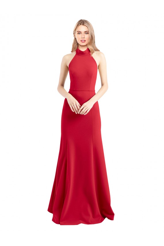 Affordable A-Line High Neck Stretch Crepe Long Red Formal Evening Dress Canada