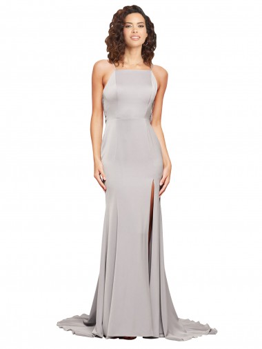 Affordable A-Line High Neck Stretch Satin Sweep Train Formal Evening Dress Canada