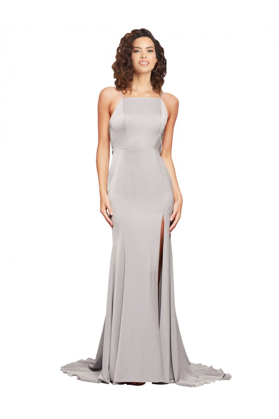 Affordable A-Line High Neck Stretch Satin Sweep Train Formal Evening Dress Canada