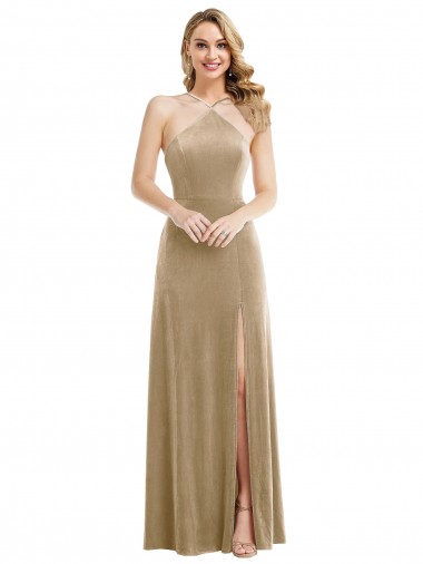 Affordable A-Line High Neck Stretch Velvet Long Champagne Semi Formal Evening Dress Canada