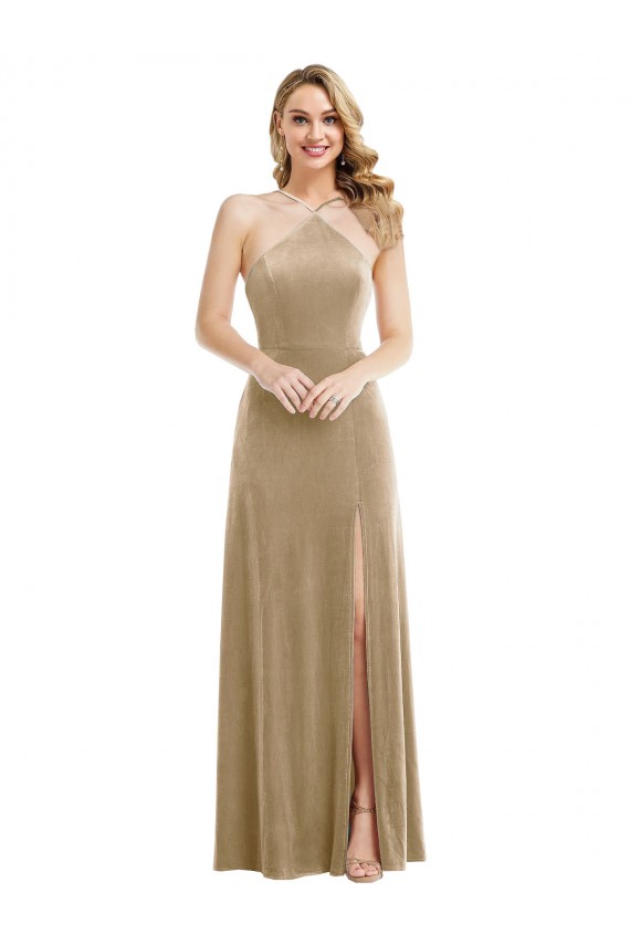 Affordable A-Line High Neck Stretch Velvet Long Champagne Semi Formal Evening Dress Canada