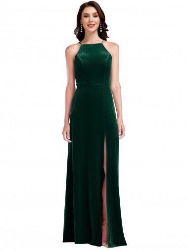 Affordable A-Line High Neck Stretch Velvet Long Dark Green Semi Formal Evening Dress Canada