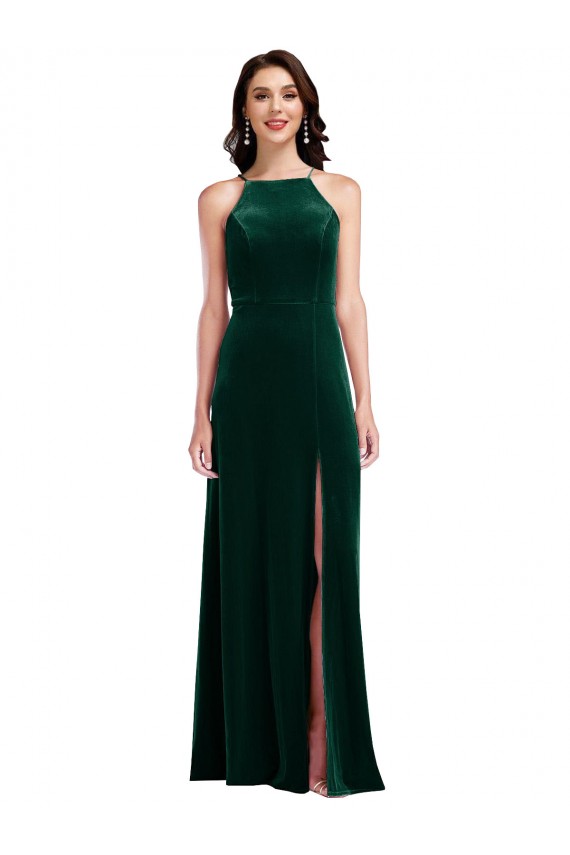 Affordable A-Line High Neck Stretch Velvet Long Dark Green Semi Formal Evening Dress Canada