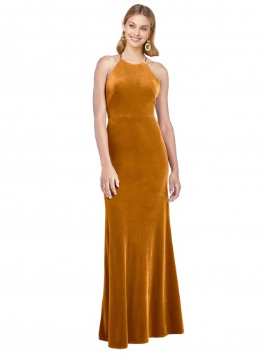 Affordable A-Line High Neck Stretch Velvet Long Gold Formal Evening Dress Canada