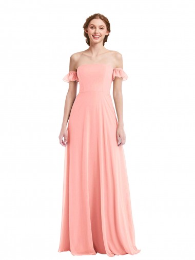 Affordable A-Line Off the Shoulder Soft Chiffon Long Salmon Semi Formal Evening Dress Canada