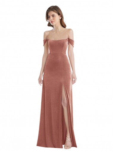 Affordable A-Line Off the Shoulder Stretch Velvet Long Cinnamon Rose Semi Formal Evening Dress Canada