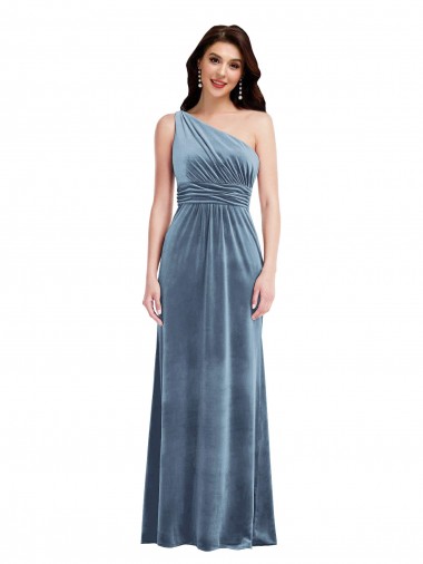 Affordable A-Line Off the Shoulder Stretch Velvet Long Dusty Blue Evening Dress Canada
