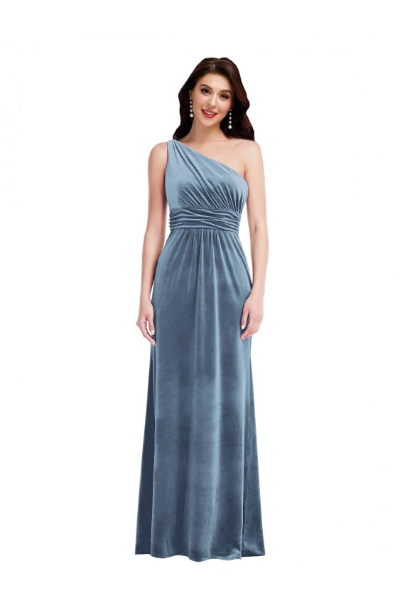 Affordable A-Line Off the Shoulder Stretch Velvet Long Dusty Blue Evening Dress Canada