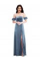 Affordable A-Line Off the Shoulder Stretch Velvet Long Dusty Blue Formal Dress Canada